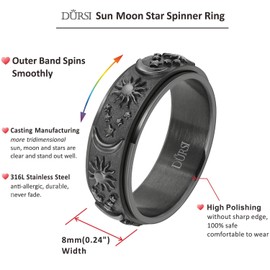 DURSI Sun Moon Star Spinner Fidget Ring for Anxiety for Men Women Stainless Steel Rotating Engagement Wedding Band ( Black, Size 12 )