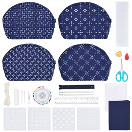 FREEBLOSS 4 Set Sashiko Bag Kit Sashiko Coin Purse Kit DIY Sashiko Bag Making Kit with PET Sashiko Stencil Sashiko Kit for Beginner Friendly Home Decoration Gift Ideas