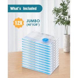 12Pack Jumbo Vacuum Storage Bags, New Air Valve Space Saver Vacuum Seal Bags, Space Bags, Vacuum Sealer Bags for Clothes, Comforters, Blankets, Bedding, Hand Pump Included, Two Vacuum Ways