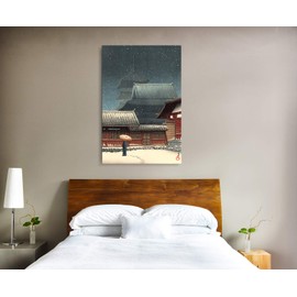 Canvas Print Wall Art - Japanese Woodblock Print Tennoji Temple in Osaka with Man in Snow Holding an Umbrella by Hasui Kawase - 16x24 inches