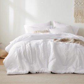 Bedsure Twin Comforter Set - 5 Pieces Striped Seersucker Jacquard Comforter Bedding Set, Bed in a Bag with Comforter, Flat Sheet, Fitted Sheet, Pillowcase & Sham, White