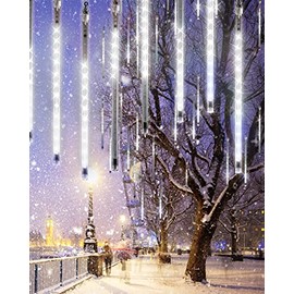 Cool White 20 Tubes Meteor Shower Icicle Lights 480 LED Raindrop Lights with Timer Function Cascading Lights Falling Rain Lights for Holiday Party Christmas Decorations