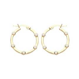 Old English Jewellers 9ct Yellow Gold on 925 Sterling Silver Cubic Zirconia Crystal 20MM Flat Hoop Earrings Ladies Girls - Womens Everyday Classic Jewellery