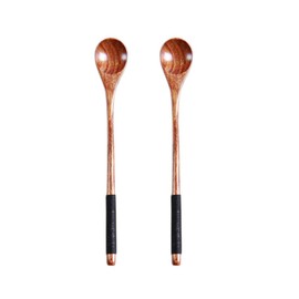 2 Pcs Coffee Spoon Pure Hand Wooden Spoon Long Handle Stirring Spoon Log Tableware Honey Spoon Scoop Teaspoon(Brown)