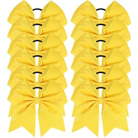 Oaoleer 12PCS 7" Large Glitter Cheer Hair Bows Ponytail Holder Elastic Band Handmade for Cheerleading Teen Girls College Sports (Sequin Yellow 12PCS)