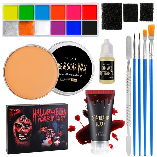 DE'LANCI Halloween Special Effects SFX Makeup Kit for Zombie,Vampire,12 Color Makeup Paint Oil Based,Scar Wax(2.12 oz),Fake Blood(1.77 oz),10ml Extension Oil,4 Paint Brushes,Spatula,3 Stipple Sponge