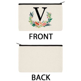 WIRESTER Canvas Zipper Makeup Bag, Cosmetic Pouch, Organizer Case for Women Girl, Multi-Purpose Travel Cosmetic Bag - Floral Alphabet Black Letter V With Flowers