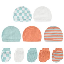 MAMIMAKA Baby Hat and Mittens Set Cotton Newborn Baby Hats Caps for Boys and Girls, 0-6 Months