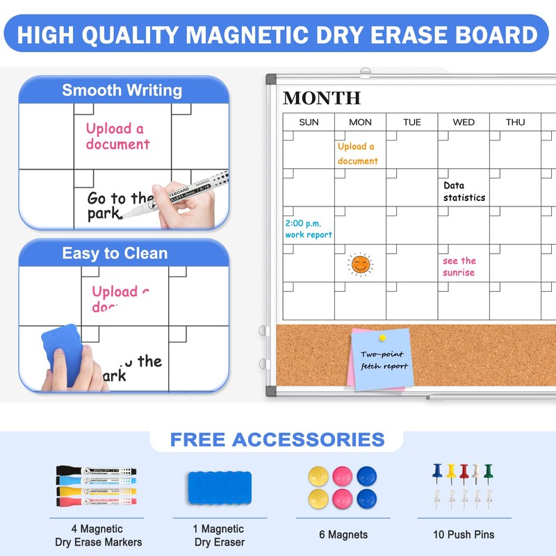 Monthly Calendar Whiteboard Dry Erase Cork Board Combo for Wall,