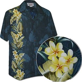 Pacific Legend Tropical Plumeria Single Panel Men's Hawaiian Shirts 444-3970-NAVY-M