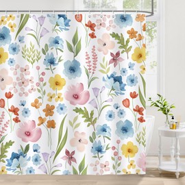 COZZSNUGE Cute Floral Shower Curtain, Watercolor Colorful Flower Leaves Trendy Plant Shower Curtain for Bathroom Waterproof Polyester Fabric with 12 Hooks, 72 x 72 Inches