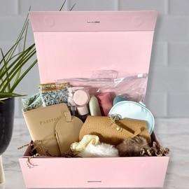 Gift Box for Women - Passport Cover, Luggage Tag, Socks, Sleep Mask, Sunglass Case, Scrunchies, Beauty Containers, and More! - Set - Color: Pink Box