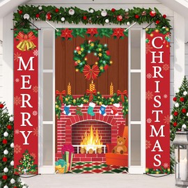 3 Pieces Merry Christmas Door Decorations Christmas Fireplace Door Cover Xmas Tree Printed Door Cover Merry Christmas Porch Banners Backdrop for Winter Holiday Xmas front Door Indoor Outdoor Decor
