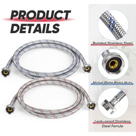 Washing Machine Hoses, 1Plusselect 6Ft Braided Stainless Steel Hot/Cold Water Supply Lines, 3/4" Standard Interface Water Hose for ALL Washers(2 Pack)