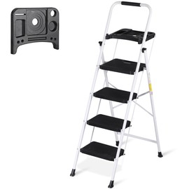 JungleA Step Ladder 4 Step Folding with Tool Tray, Wide Non-Slip Pedal and Sturdy Steel Construction Step Stool, 330 lbs Portable Ladders for Home, Attic, Office & Garage, White