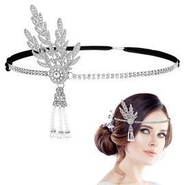 Lnngub Flapper Headband,1920s Headband with Leaf Rhinestones Headpiece Pearl Tassel Head Bands Roaring 1920s Headpiece for Women(Silver)