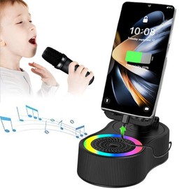 6 In 1 Portable Wireless Karaoke Speaker Phone Stand, Dual Micro Phone,Led Lights,Type C Fast Charging,Abs Material,Bluetooth 5.3fm Hd Bass Answering - Color: Black - Single mic