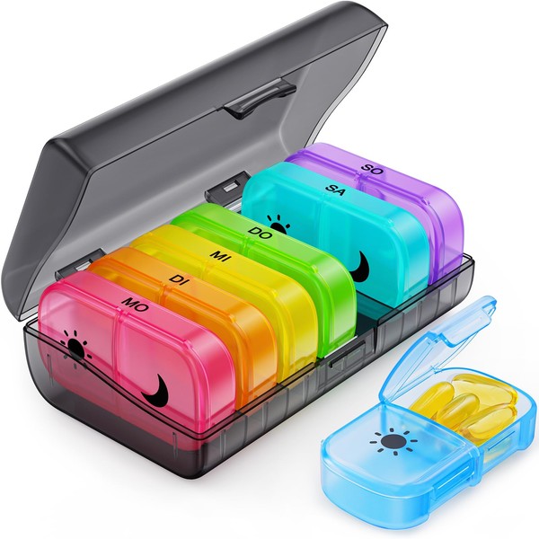 AUVON Pill Box 7 Days Morning Evening Pill Box 7 Days 2 Compartments Handy and Moisture Resistant Medicine Box for Handbag or Pocket to Store Medicines (Rainbow)
