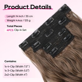 REECHO Hair Extensions, 4PCS Clip in Hair Extensions 14" Short Beach Wavy Hair Extensions Invisible Lace Weft Natural Soft Hairpieces for Women – Light Brown with Golden Ends