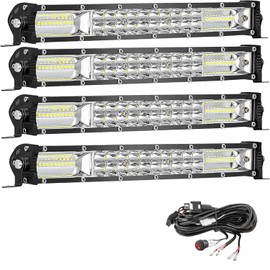 CarsPlay LED Lights Bars Kits (4) 12 Inch 120W 12V 24V 10000LM 6500K Led Working Off Road Driving Flood Spot Combo LED Lights Pods Bars with (1) Wiring Harness for ATV Tractor Pickup Cart