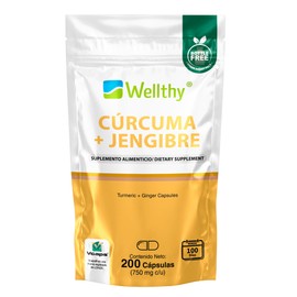 Wellthy Cúrcuma y Jengibre 200 Cápsulas. Cúrcuma 750mg, Jengibre 750mg, 100 días de consumo por envase, VCaps Cápsulas Veganas, Bottle Free.