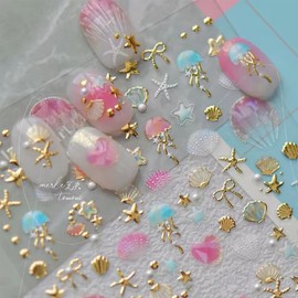 Summer Beach Nail Stickers Self-Adhesive Extra Shiny 5D Shell Starfish Nail Art Stickers Pink Gold Starfish Jellyfish Star Nails Design Cute Nail Decals for Women Summer Manicure 1 Sheets
