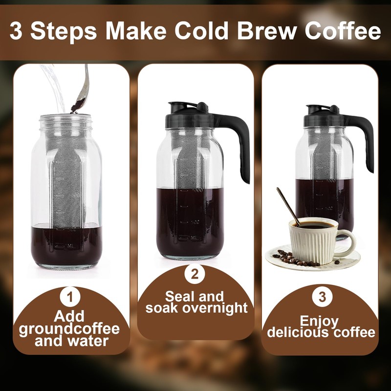 Cold Brew Coffee Maker Pitcher,32 Oz Heavy Duty Glass Mason