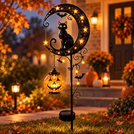 Solar Halloween Garden Stake Light, Black Cat Pumpkin Moon Outdoor Yard Decor, Metal Pathway Lawn Stake with Warm Glow, 33.5 Inch, 3 Style Options