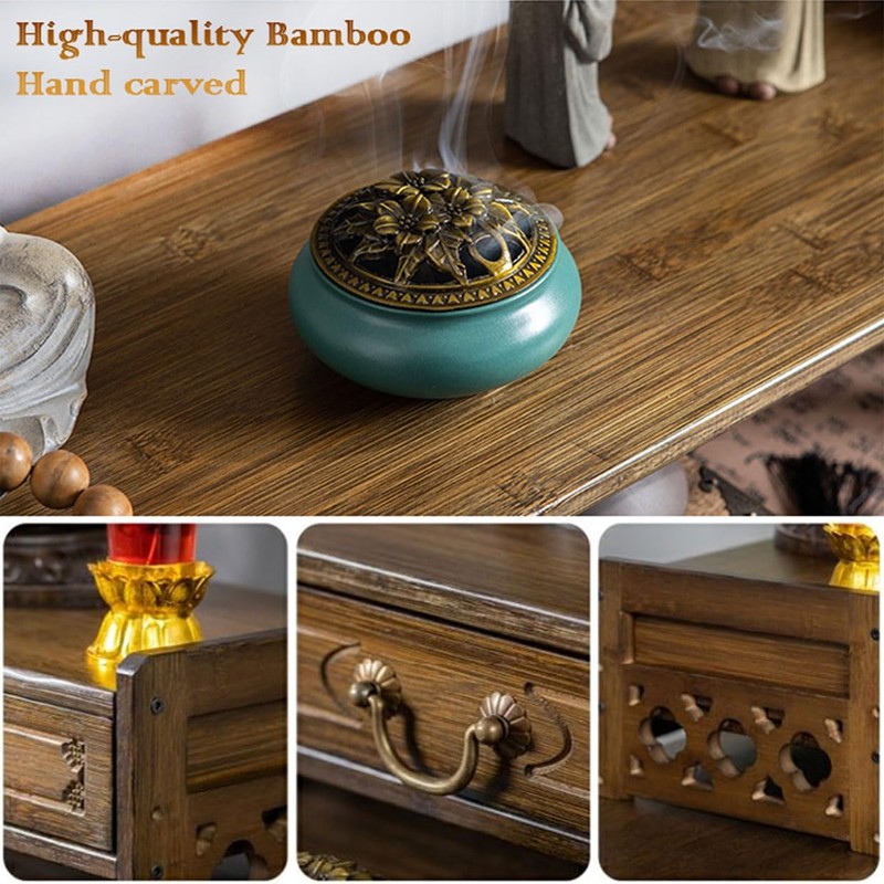 LINRUI Altar Table with Storage, Small Meditation Table, Natural Bamboo