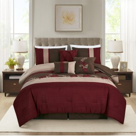 Chezmoi Collection Napa 7-Piece Luxury Leaves Scroll Embroidery Bedding Comforter Set (Full, Burgundy/Taupe/Brown)