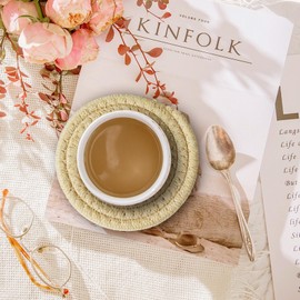 Coasters for Drinks, Vintage Woven Coasters for Table Protection, Water Absorbent Coaster Set, Handmade Braided Fabric Coasters Heat-Resistant (6, Khaki)