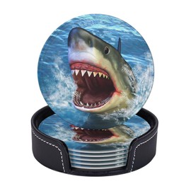 Funny Shark Mouth Coasters for Drinks Round Leather Coaster with Holder Set of 6 for Tabletop Protection Desk Accessories Office Home Room Decor
