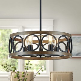 XINGQI 21.7'' Modern Chandelier, Farmhouse Drum Chandeliers for Dining Room Living Room Bedroom 5-Light Pendant Lighting Round Black Metal Antique Wood Grain Finish Adjustable
