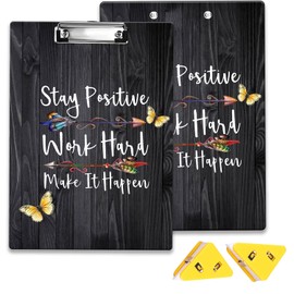 Plastic Clipboard Plus Two Cute Corner Clips, A4 Letter Sized Clipboard, Retractable Hanging Holes, Stylish Decorative Pattern for Classroom/Office/Home (Stay Positive Work Hard and Make It Happen)