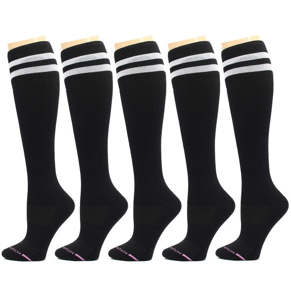 Dr. Motion 5 pares de calcetines de compresión graduados terapéuticos de 8 a 15 mmHg para mujer, Paquete negro con rayas, Talla única