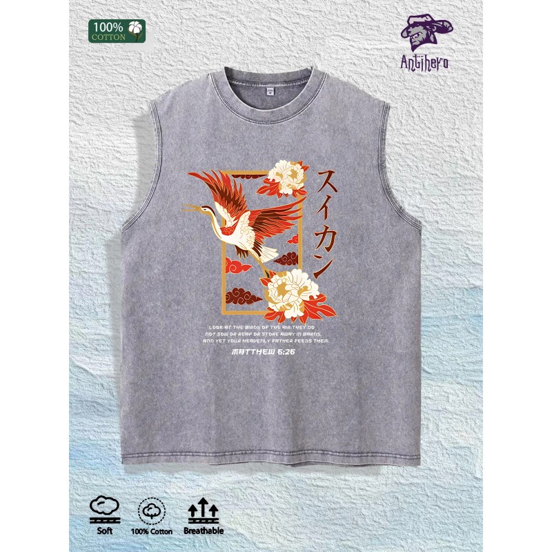 Crane Peony Kanji Washed Vest US Warehouse 3 Colors Cotton