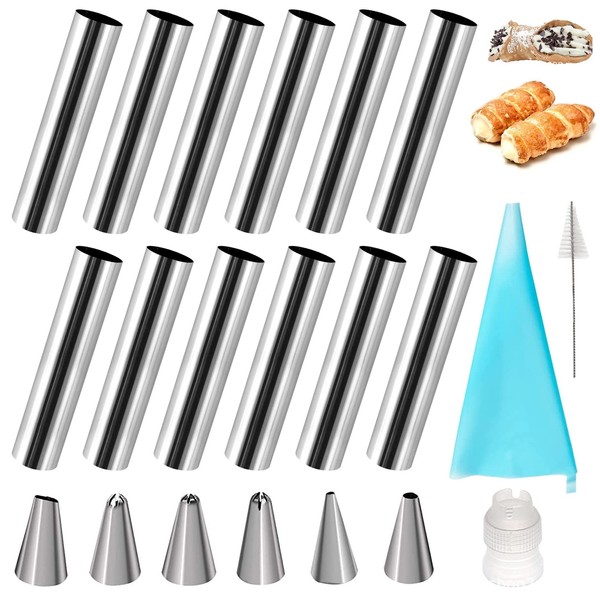 Cannoli Baking Mould Set, Foam Roll Moulds, Stainless Steel, Iridescent Curls, Baking Mould, Non-Stick 12 cm Cannoli Tube with Cleaning Brush and Piping Tip, Cream Horn Moulds for Croissant Bakeware