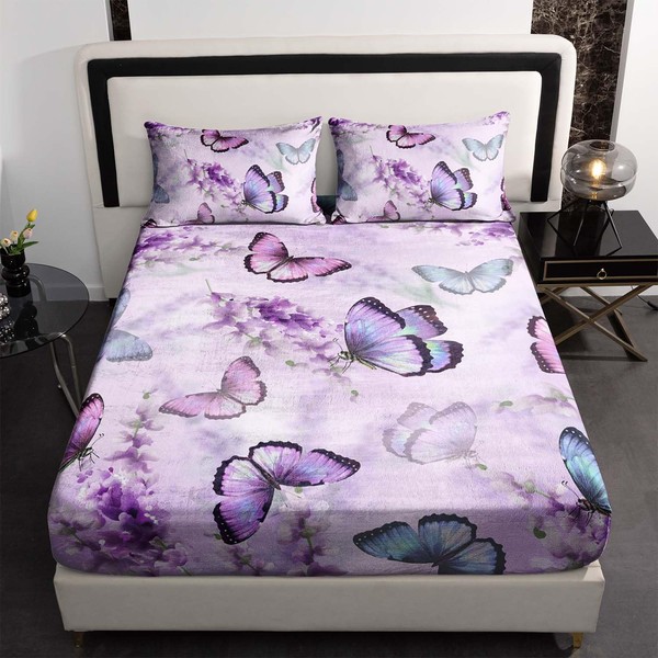 XYNHML Lavender Butterfly Milk Velvet Fitted Sheet Deep Pocket Kid