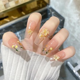 Press on Square Nails Medium Length Glossy Full Cover Acrylic False Nails with Floral Gems Tulip Designs Artificial Square Shaped Fake Nails with Charms Glue ons Fingernails for Women Girls