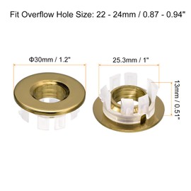uxcell Sink Trim Overflow Cover, 2Pcs Sink Overflow Rings Bathroom Kitchen Basin Drain Cover Hole Insert in Round Caps, Gold