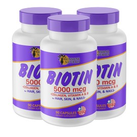 Sunshine Naturals Biotin Dietary Supplement. for Healthier Skin, Fast Hair and Nails Growth. Enriched with Collagen, Vitamin A and B. 5000 mcg. 90 Capsules.. Pack of 3