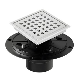 EXF Square Shower Drain 4 3/8 Inch Brushed Nickel, Stainless Steel Shower Floor Drain Kit with Flange, Removable Cover Grid Grate, Hair Strainer