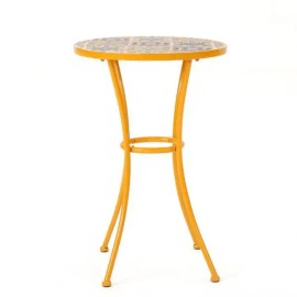 Yellow Outdoor Side Table with Colorful Tile Mosaic Top and Metal Legs