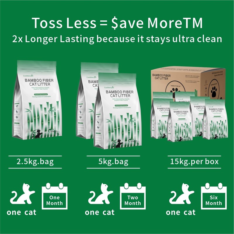 Coobberpet Bamboo Fiber Cat Litter, 100% Natural & Eco-Friendly, Superior