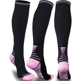 Thoxcare Compression Socks for Women Men 20-30mmHg, Best Knee High Support Socks for Running Sports Medical Airplane Travel, 1Pair-Black/Pink, L/XL
