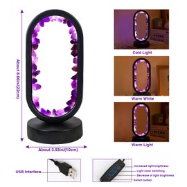RJINGSHI Healing Crystal Night Light Table Lamp Natural Amethyst Gemstone Bedside Lamp USB-Powered Three-Colour Dimming Mode Ambient Light for Living Room Bedroom Office Home Decoration (Black)