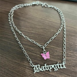 coadipress Old English Babygirl Necklace for Women Unique 18k Gold Silver Plated Adjustable Words Stainless Steel Clavicle Chain Necklaces Jewelry Birthday Gift (Pink Butterfly Silver)