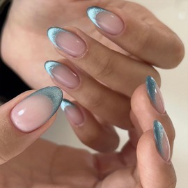KTAABTR French Tip Press on Nails Medium Almond Shaped Blue French Tip Fake Nails Supply Full Cover Nude Glossy Acrylic Nails Stick on Nails for Woman Girls 24Pcs Glitter Nails Glue on Nails
