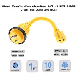 1FT 30 Amp to 20 Amp Shore-Power Adapter, Marine-30Amp to 15Amp Adapter NEMA L5-30P to 5-15/20R,L5-30P to 6-15/20R 20Amp T Blade,3 Prong Twist Lock 125V 30A to 20A/ 15A Pigtail RV Boat
