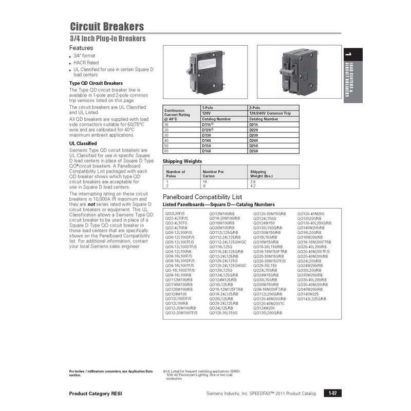 Siemens D120 Classified Circuit Breaker Type QD Replacement for Square